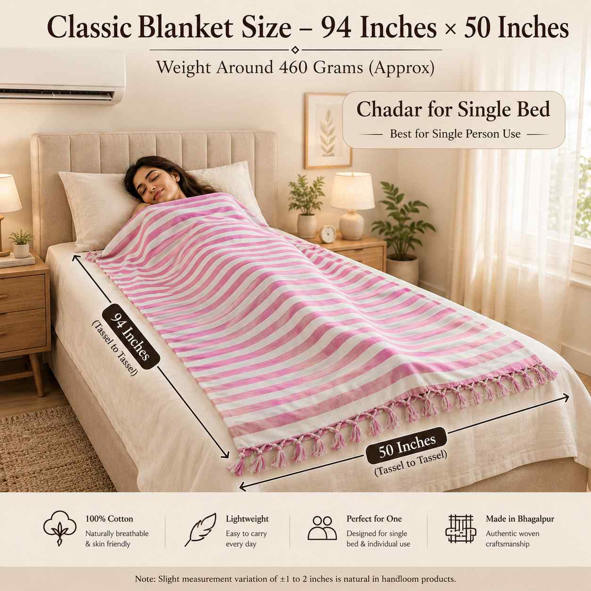 Lightweight Blanket | Authentic Bhagalpuri Dull Chadar – Lightweight Pure Cotton AC & Travel Blanket - Classic ( 94×50 in )